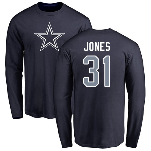 Men Dallas Cowboys Navy Blue Byron Jones Name and Number Logo #31 Long Sleeve Nike NFL T Shirt->nfl t-shirts->Sports Accessory